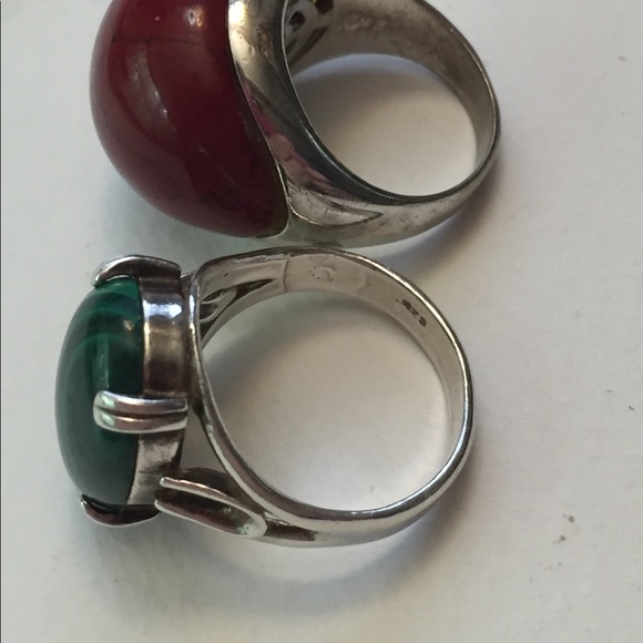 Vintage 925 Sterling silver rings, Wood resin & malachite - Picture 4 of 8